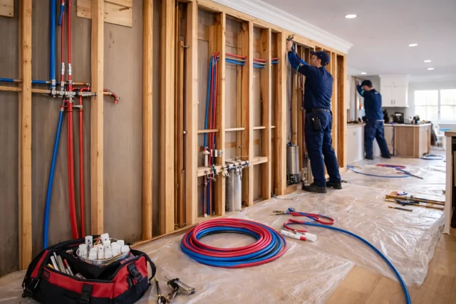 house-repiping-blog Residential repiping with exposed PEX water lines installed behind open wall framing