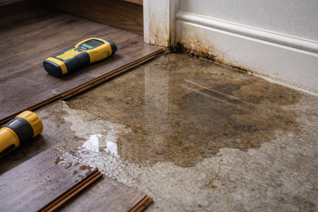subtle-slab-leak-blog Minor water pooling and floor discoloration near baseboard indicating potential slab leak damage