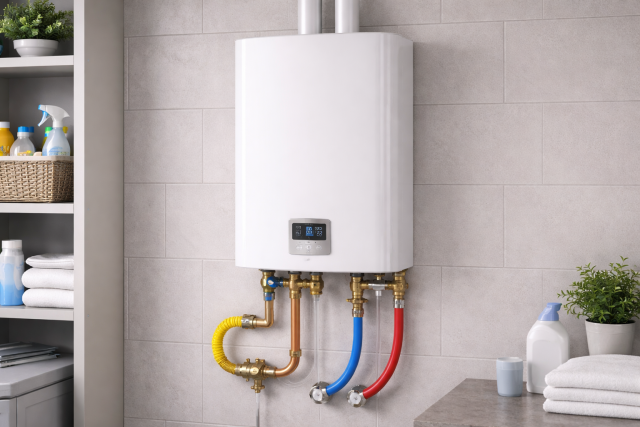 tankless-water-heater-home-installation-blog Wall mounted tankless water heater with plumbing connections in home utility room