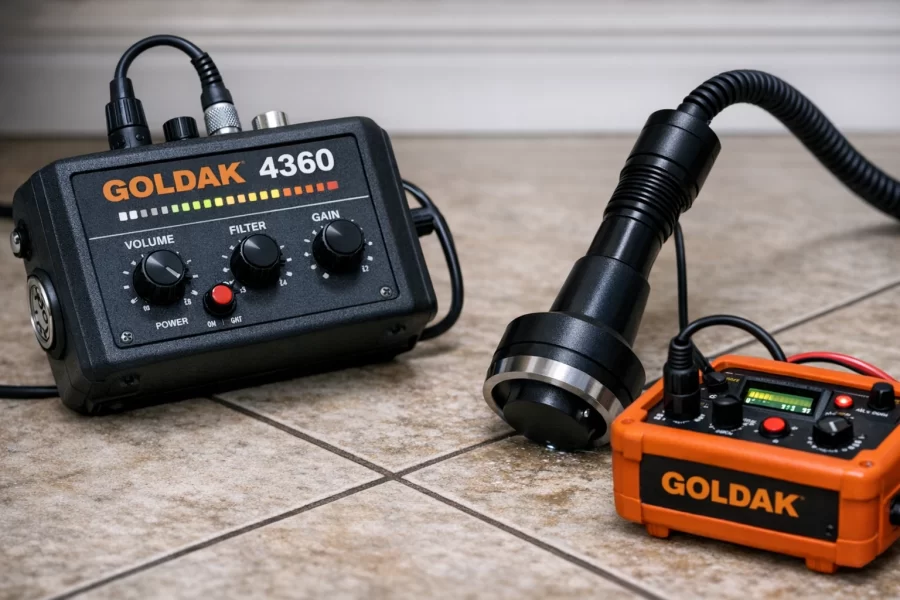 Goldak_4360 Goldak 4360 leak detection system with acoustic sensor and transmitter unit placed on tile floor