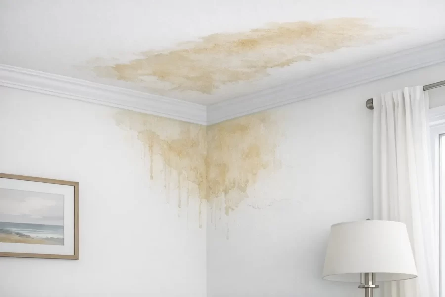 Modern white interio Subtle water stain on a modern white interior wall and ceiling corner, showing light brown discoloration from early moisture intrusion.