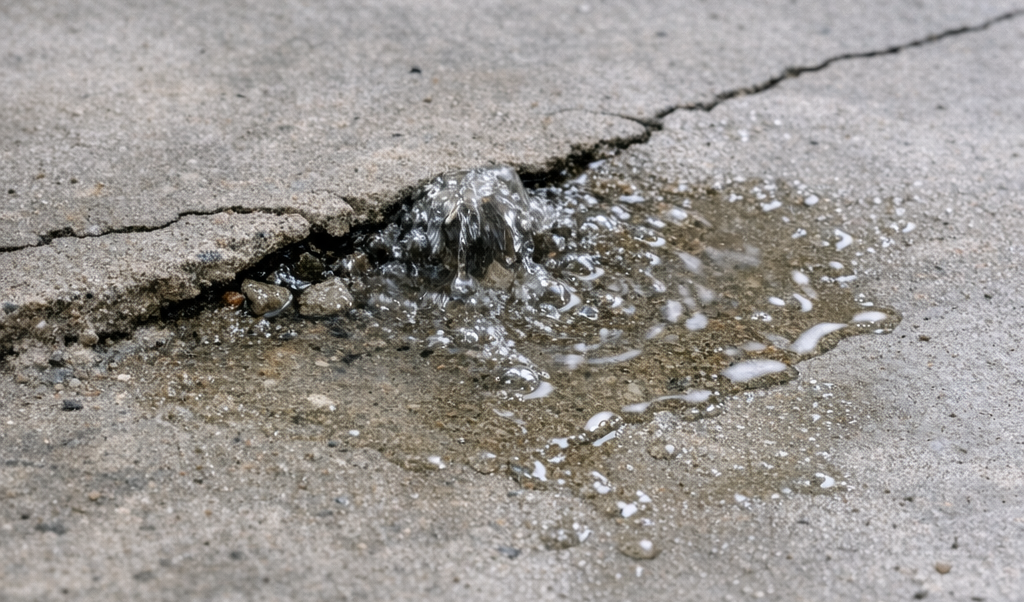 Small crack in slab Small crack in a concrete slab floor with clear water seeping out and forming a shallow puddle.