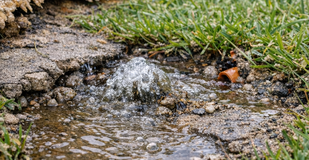 PuddleUndergroundLeak Water bubbling up from a hidden underground pipe leak in a residential front yard, forming a muddy puddle in the grass.