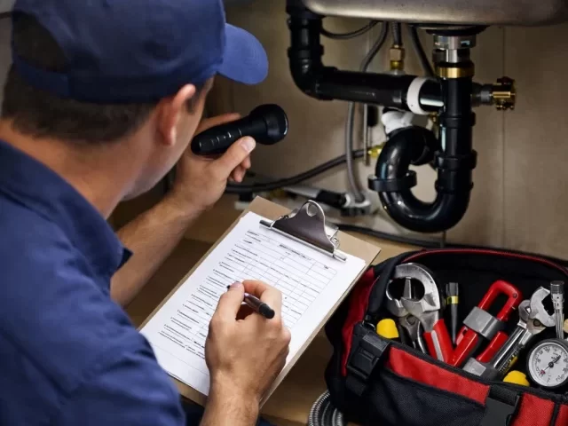 annual-plumbing-inspection-blog Plumber performing annual plumbing inspection under kitchen sink with checklist and flashlight